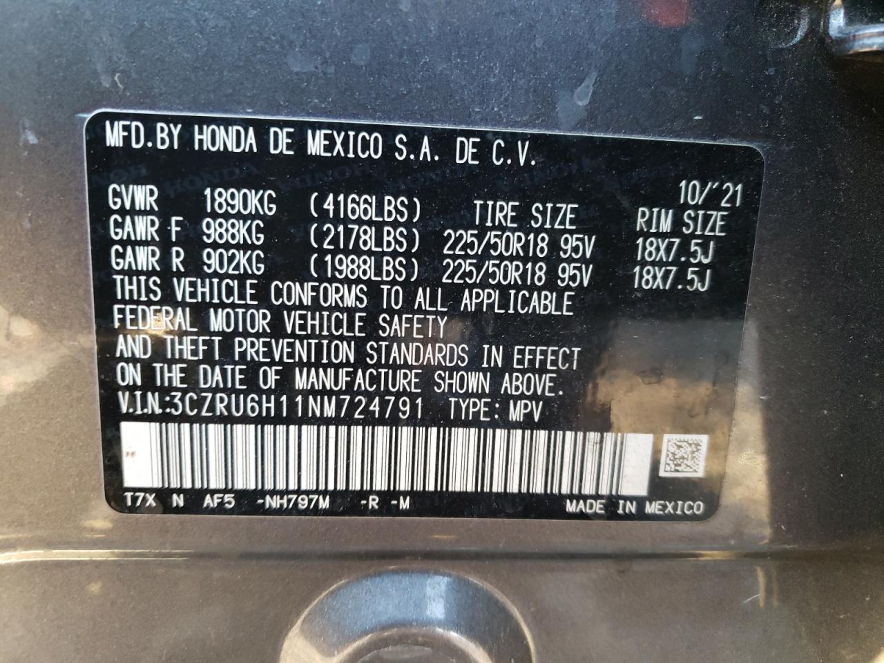 2022 HONDA HR-V SPORT VIN:3CZRU6H11NM724791