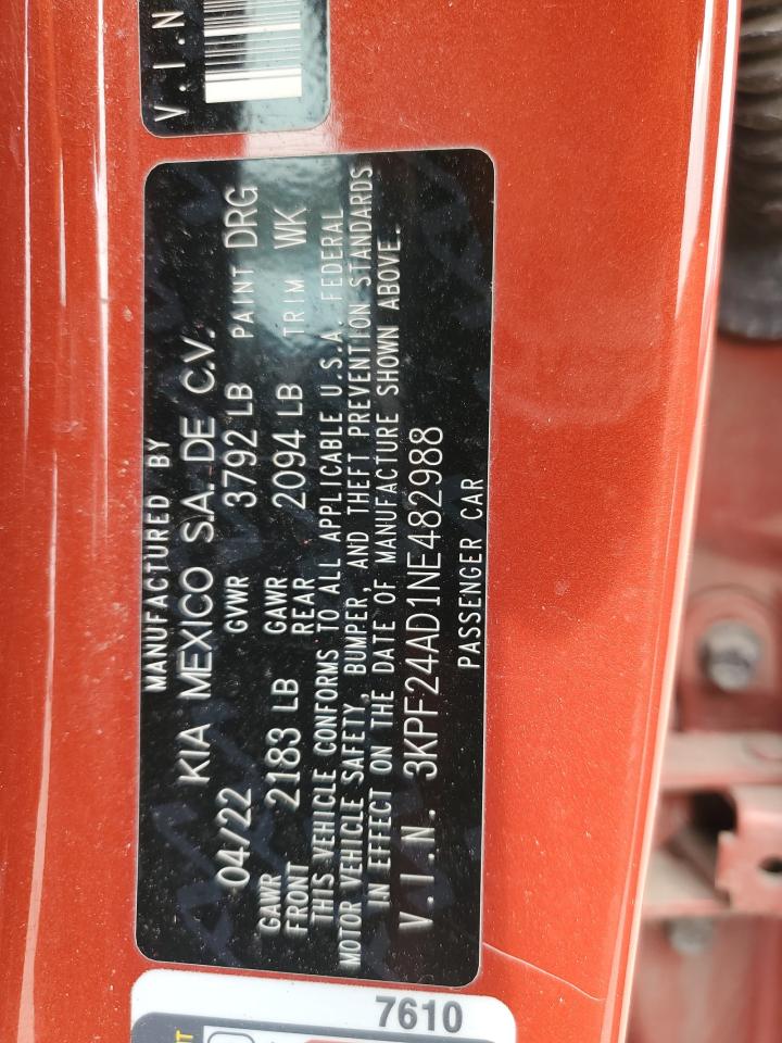 2022 KIA FORTE FE VIN:3KPF24AD1NE482988