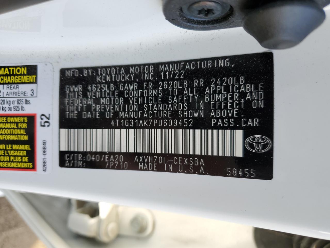 2023 TOYOTA CAMRY SE NIGHT SHADE VIN:4T1G31AK7PU609452