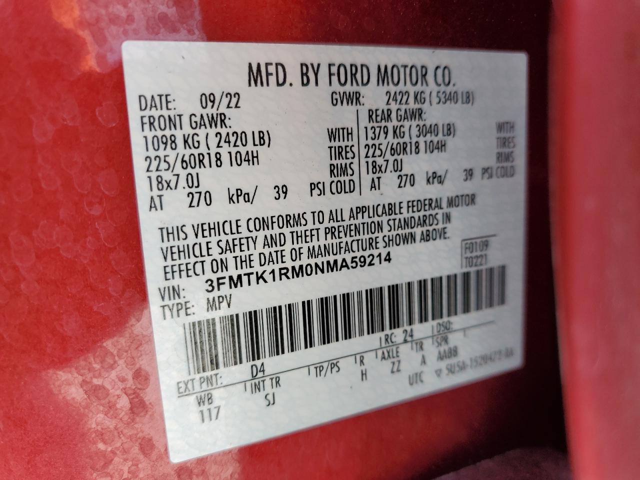 2022 FORD MUSTANG MACH-E SELECT VIN:3FMTK1RM0NMA59214