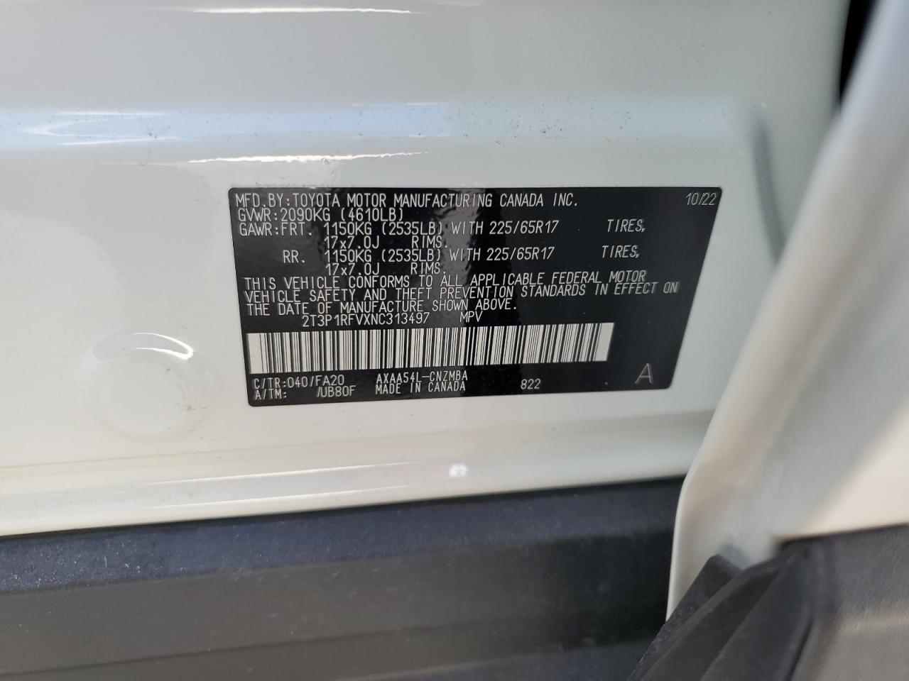 2022 TOYOTA RAV4 XLE VIN:2T3P1RFVXNC313497