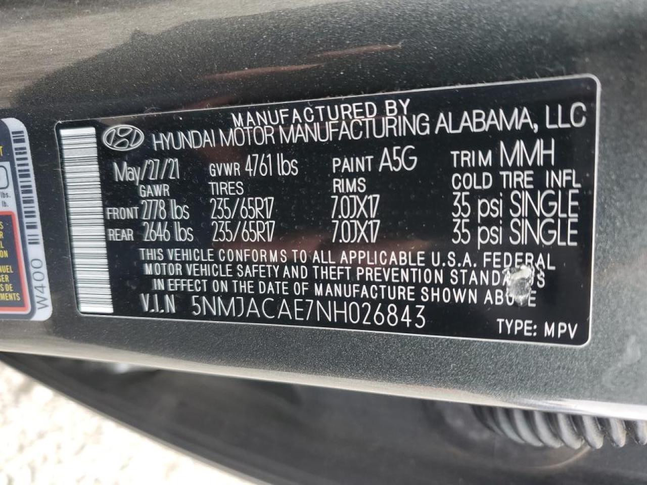 2022 HYUNDAI TUCSON SE VIN:5NMJACAE7NH026843