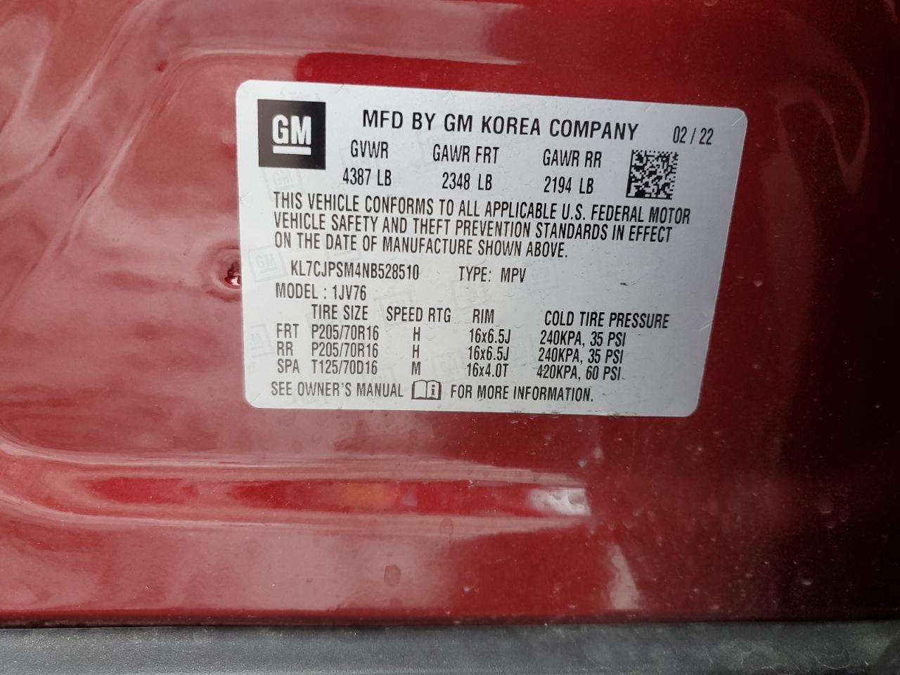 2022 CHEVROLET TRAX 1LT VIN:KL7CJPSM4NB528510