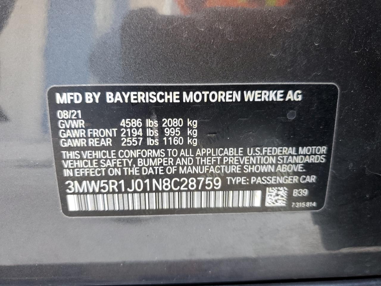 2022 BMW 330I  VIN:3MW5R1J01N8C28759