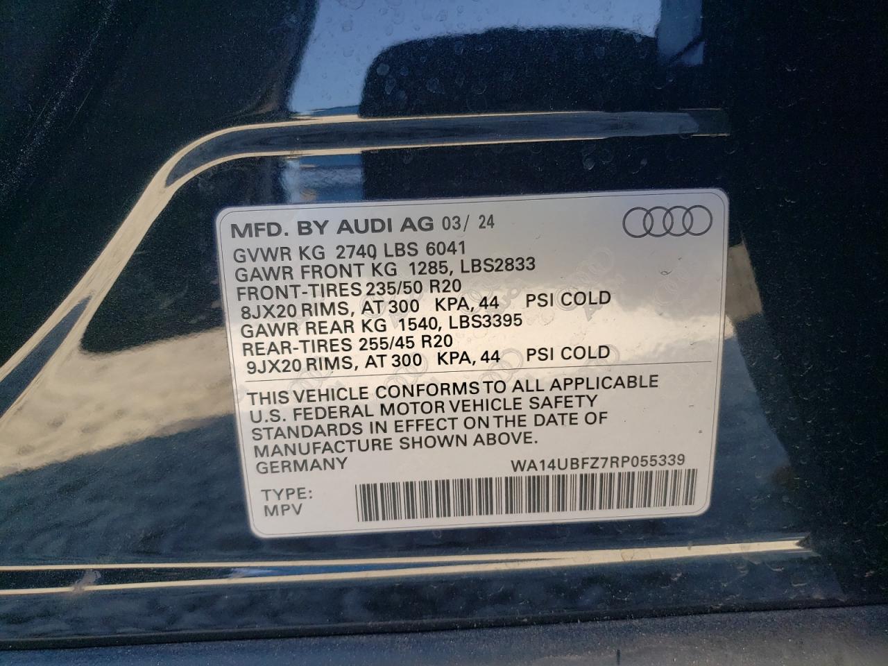 2024 AUDI Q4 E-TRON SPORTBACK PRESTIGE VIN:WA14UBFZ7RP055339