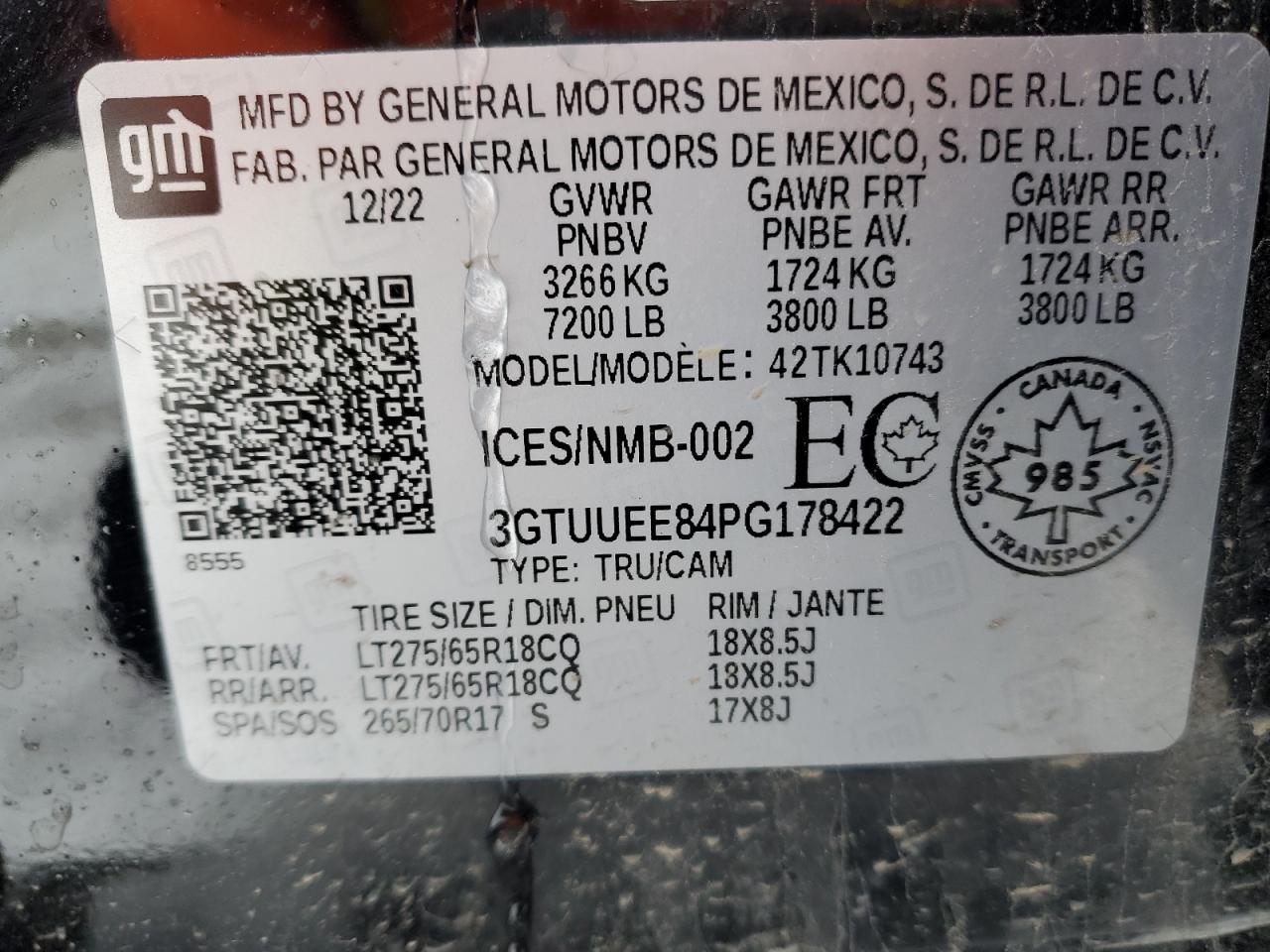 2023 GMC SIERRA K1500 AT4 VIN:3GTUUEE84PG178422
