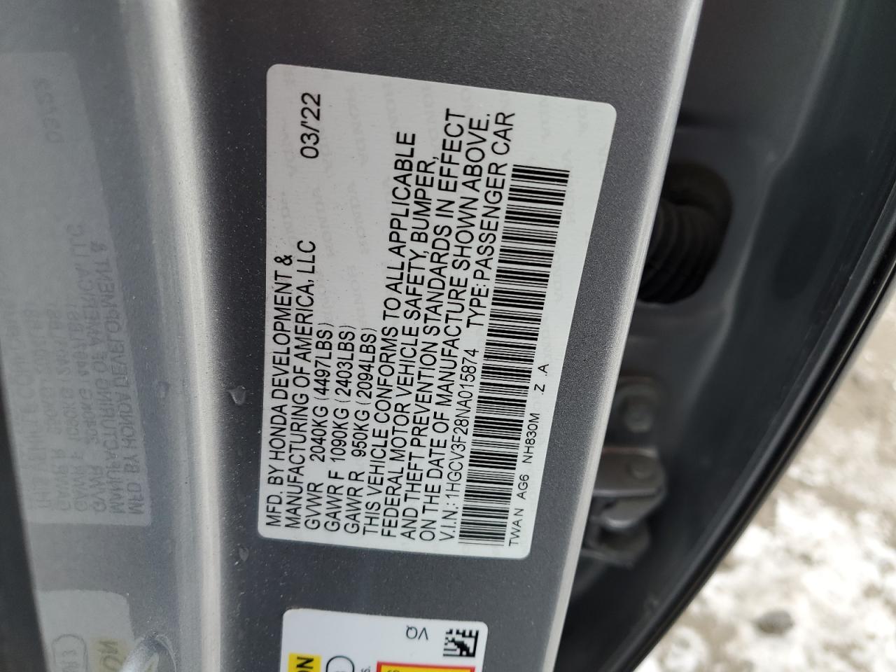 2022 HONDA ACCORD HYBRID SPORT VIN:1HGCV3F28NA015874