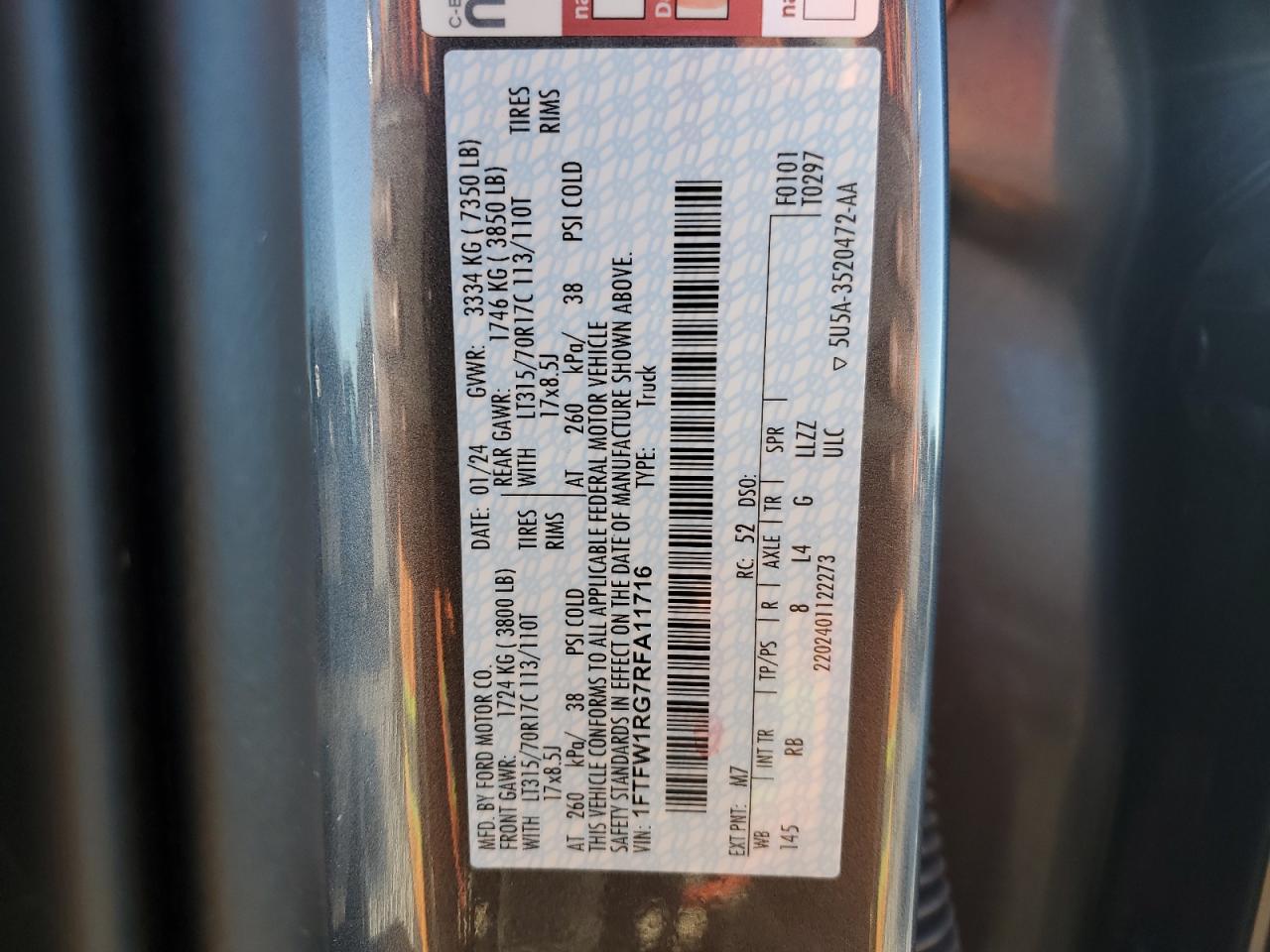 2024 FORD F150 RAPTOR VIN:1FTFW1RG7RFA11716