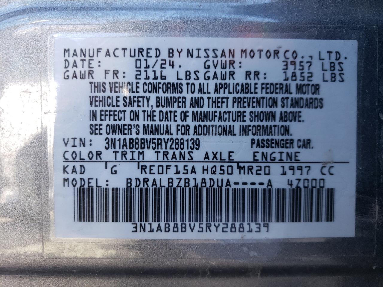 2024 NISSAN SENTRA S VIN:3N1AB8BV5RY288139