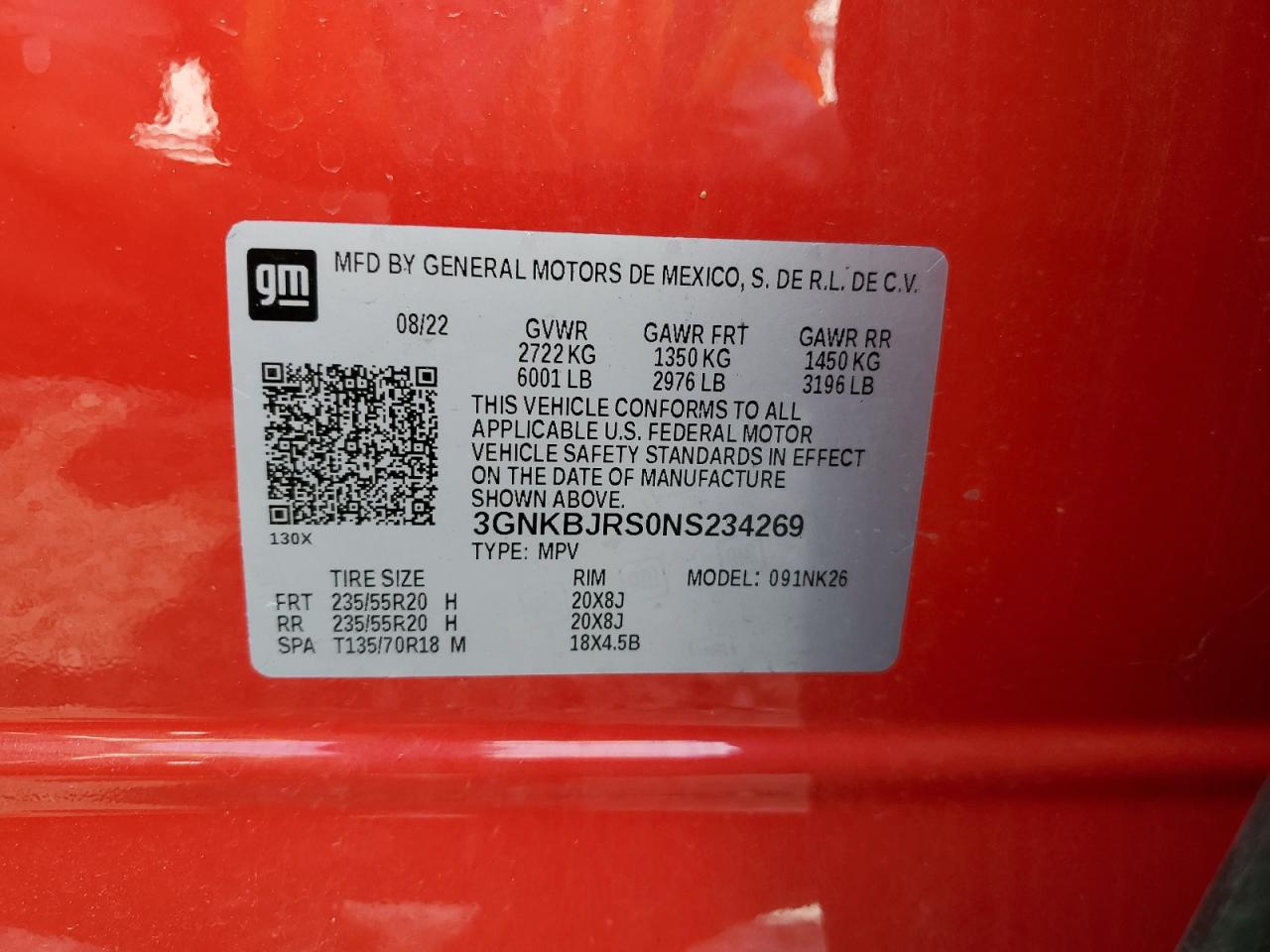 2022 CHEVROLET BLAZER 3LT VIN:3GNKBJRS0NS234269