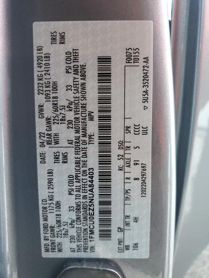 2022 FORD ESCAPE SE VIN:1FMCU0EZ5NUA84403