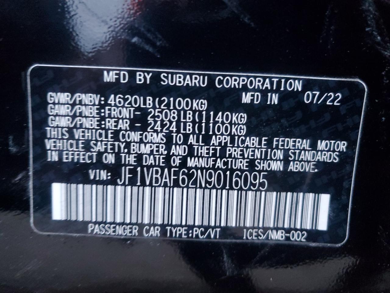 2022 SUBARU WRX PREMIUM VIN:JF1VBAF62N9016095