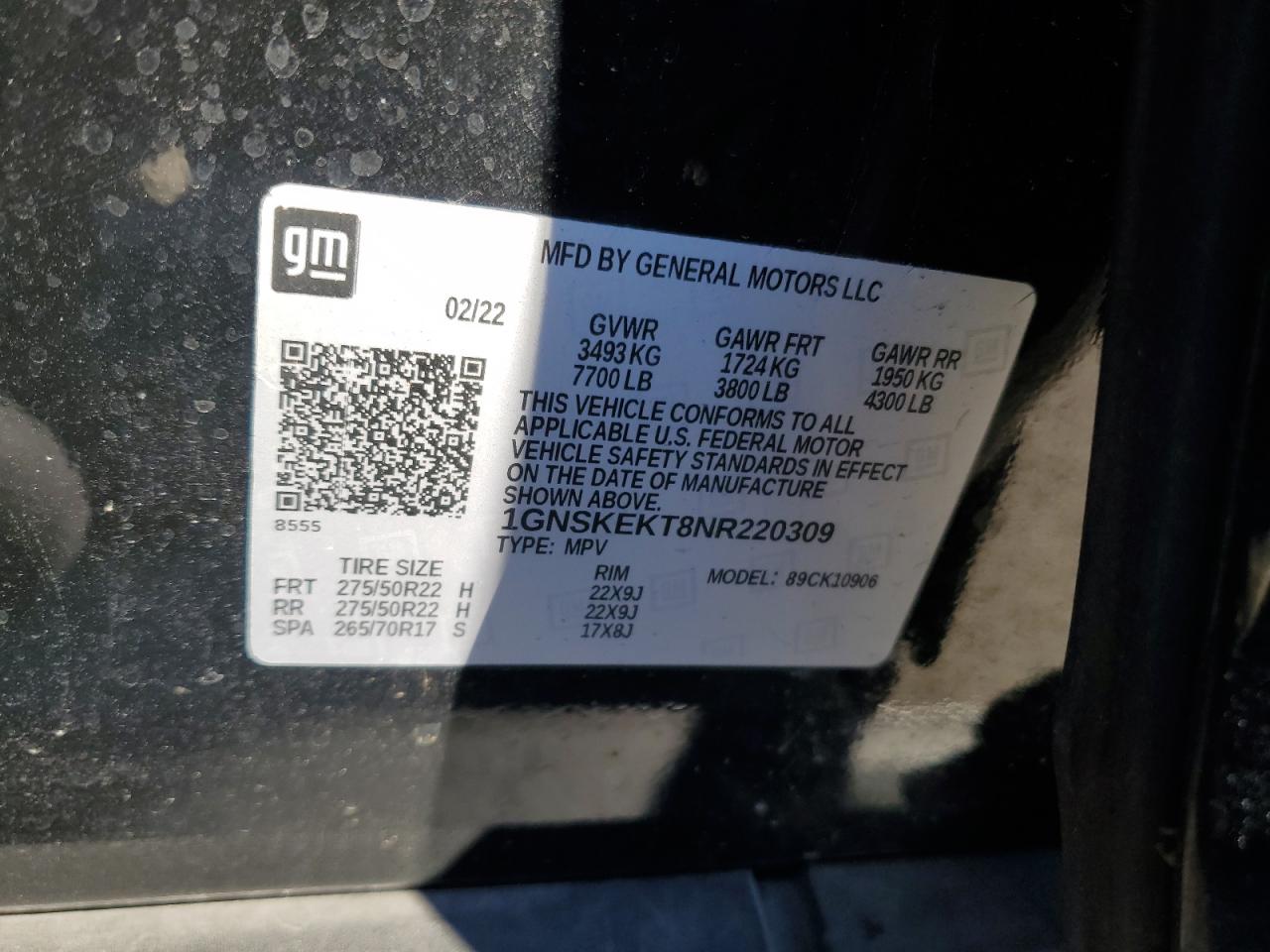 2022 CHEVROLET SUBURBAN K1500 RST VIN:1GNSKEKT8NR220309