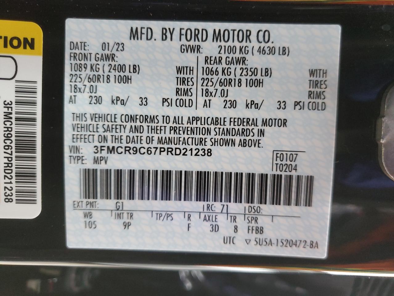 2023 FORD BRONCO SPORT OUTER BANKS VIN:3FMCR9C67PRD21238