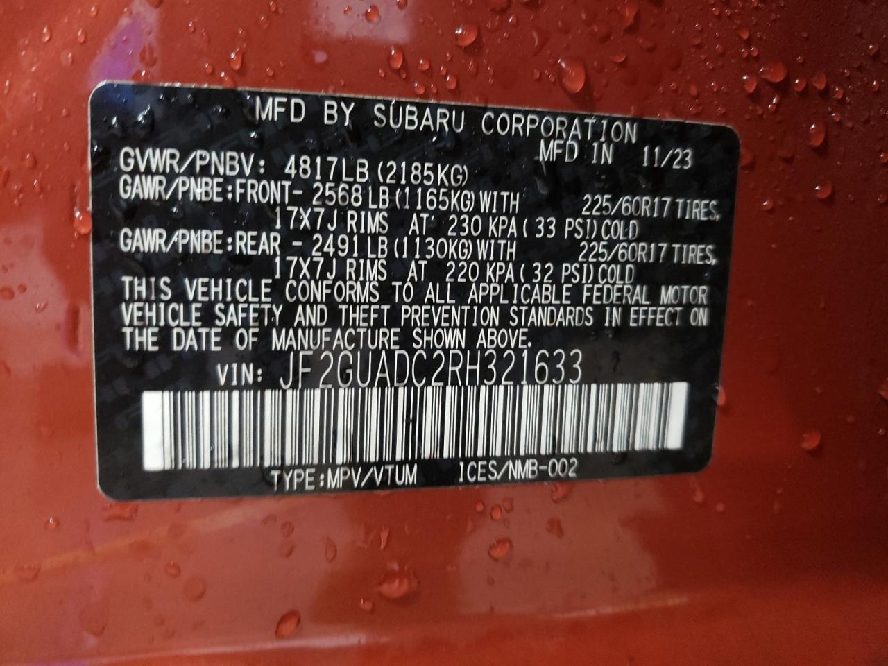 2024 SUBARU CROSSTREK PREMIUM VIN:JF2GUADC2RH321633