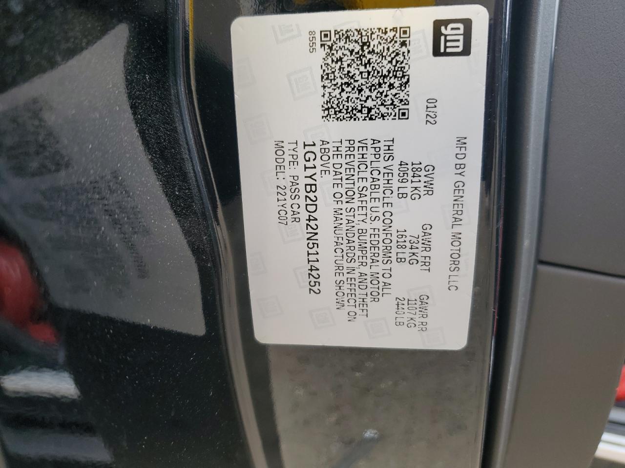 2022 CHEVROLET CORVETTE STINGRAY 2LT VIN:1G1YB2D42N5114252