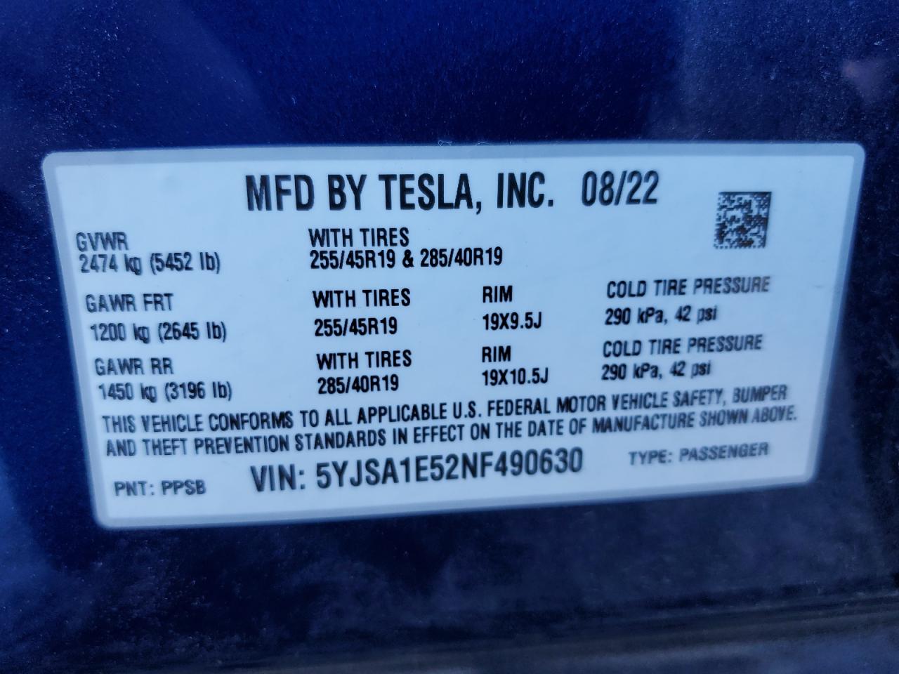 2022 TESLA MODEL S  VIN:5YJSA1E52NF490630