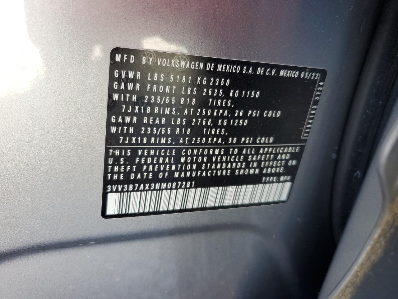 2022 VOLKSWAGEN TIGUAN SE VIN:3VV3B7AX3NM087281
