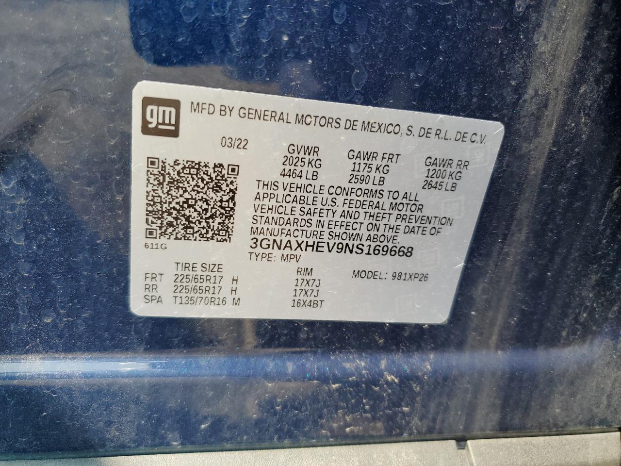 2022 CHEVROLET EQUINOX LS VIN:3GNAXHEV9NS169668