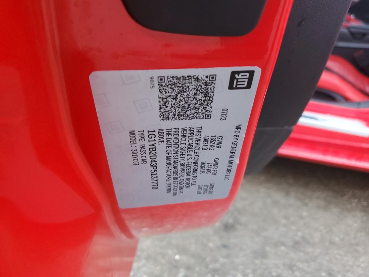 2023 CHEVROLET CORVETTE STINGRAY 2LT VIN:1G1YB2D43P5137770