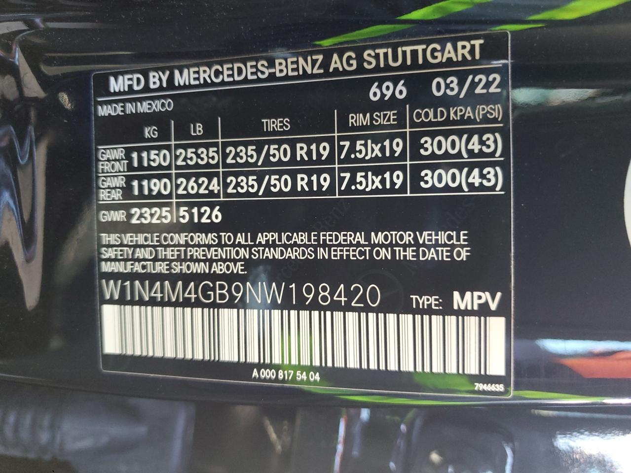 2022 MERCEDES-BENZ GLB 250 VIN:W1N4M4GB9NW198420