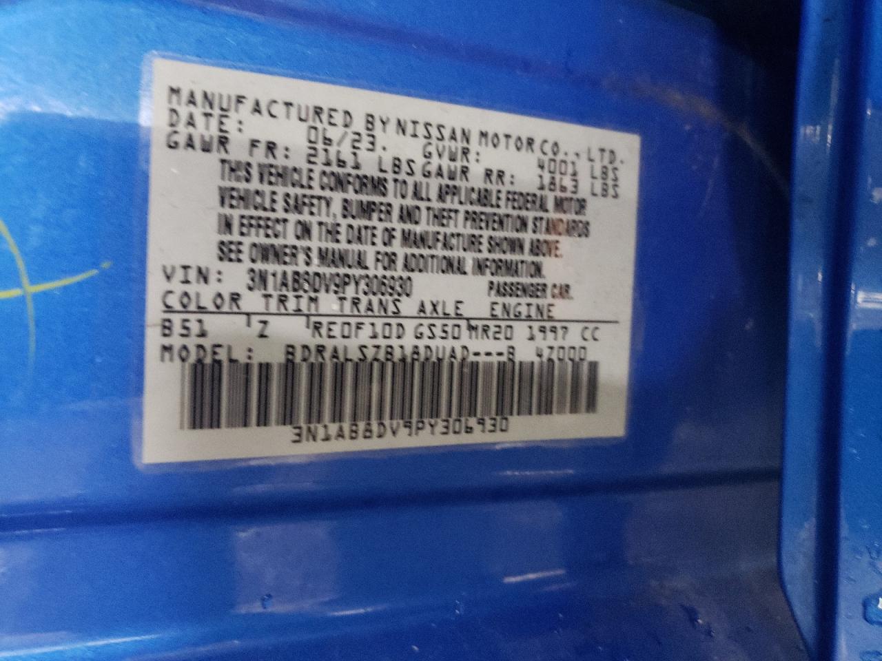 2023 NISSAN SENTRA SR VIN:3N1AB8DV9PY306930