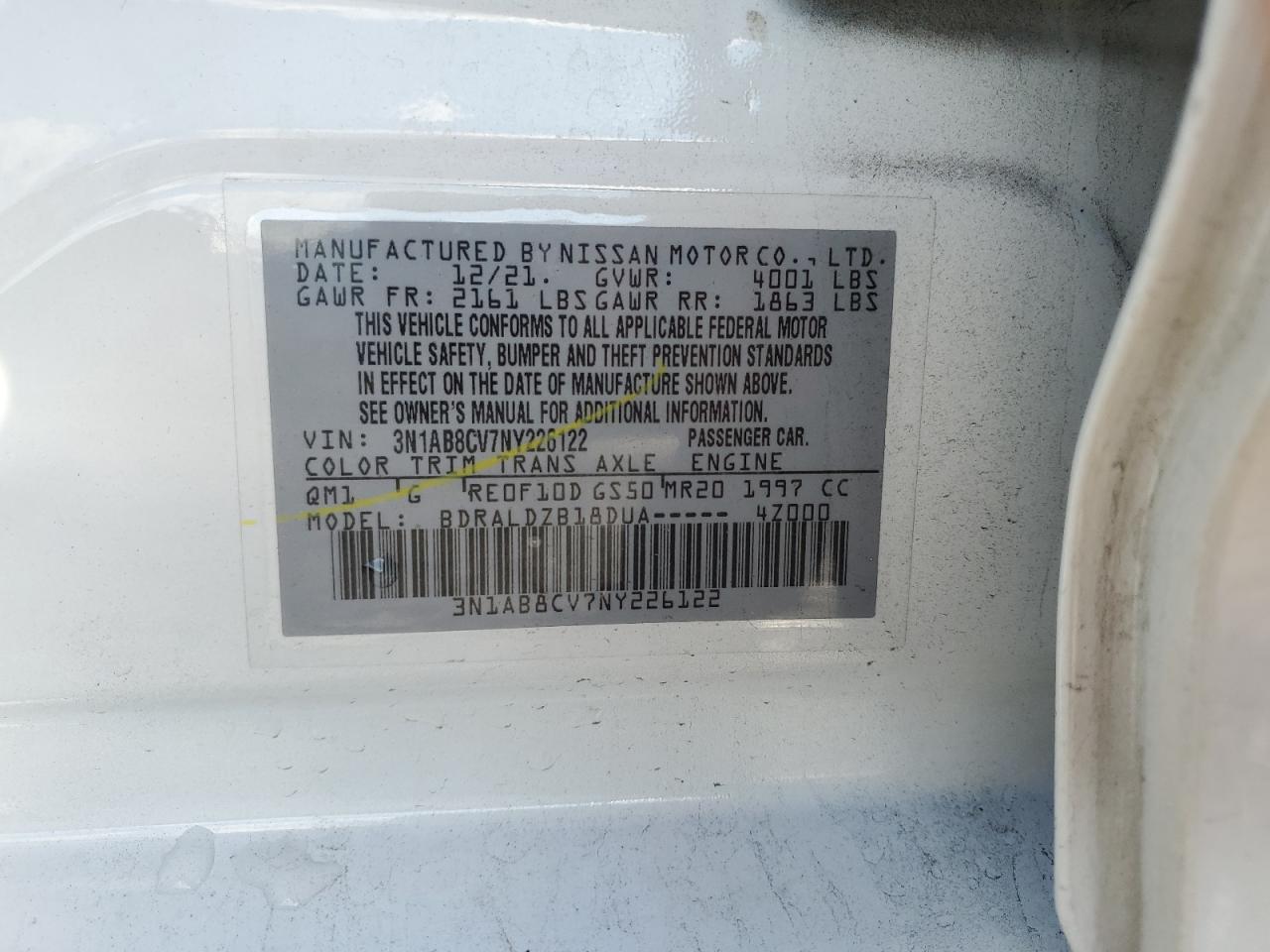 2022 NISSAN SENTRA SV VIN:3N1AB8CV7NY226122