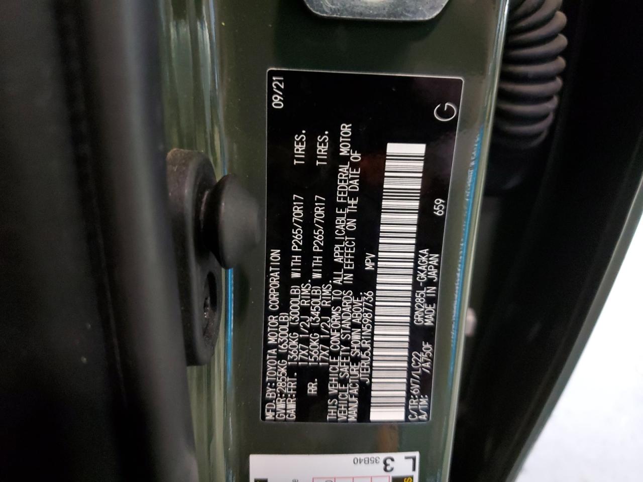 2022 TOYOTA 4RUNNER SR5 PREMIUM VIN:JTERU5JR1N5987736