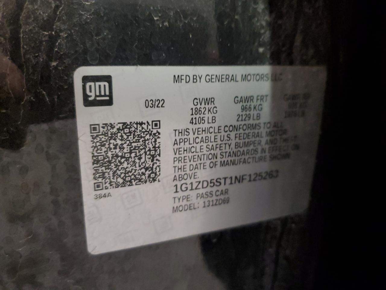 2022 CHEVROLET MALIBU LT VIN:1G1ZD5ST1NF125263