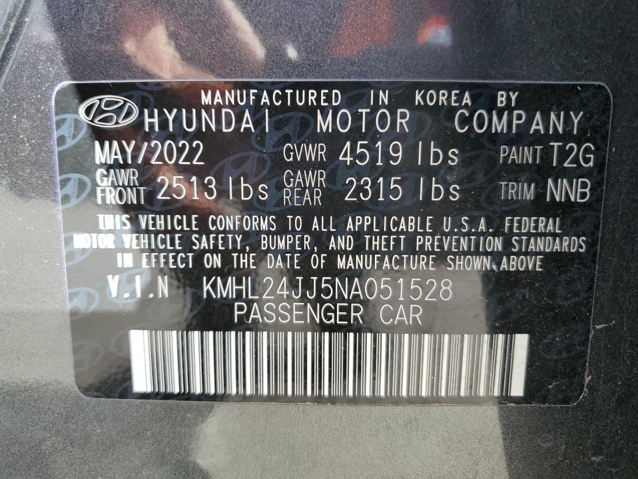 2022 HYUNDAI SONATA HYBRID VIN:KMHL24JJ5NA051528