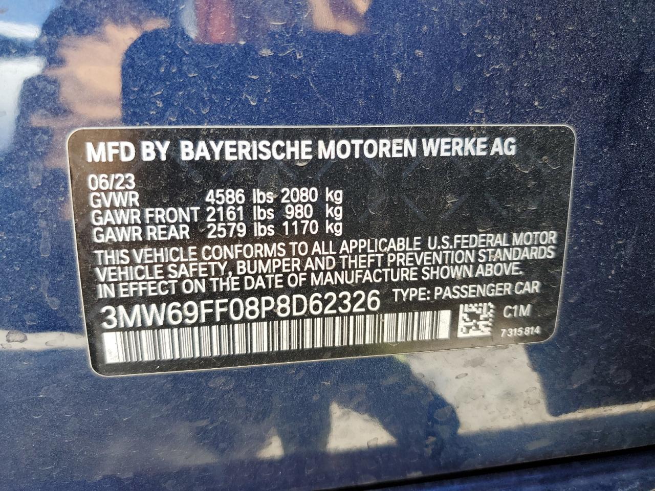 2023 BMW 330I  VIN:3MW69FF08P8D62326