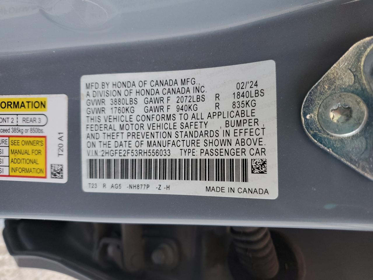 2024 HONDA CIVIC SPORT VIN:2HGFE2F53RH556033