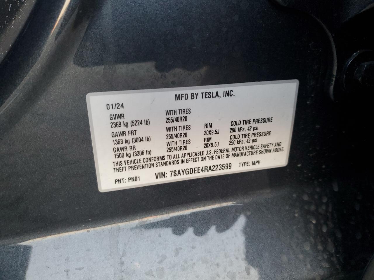 2024 TESLA MODEL Y  VIN:7SAYGDEE4RA223599