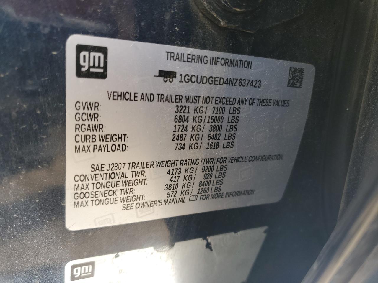 2022 CHEVROLET SILVERADO K1500 LTZ VIN:1GCUDGED4NZ637423