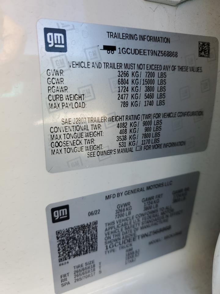 2022 CHEVROLET SILVERADO K1500 RST VIN:2FMPK3K9XMBA51303