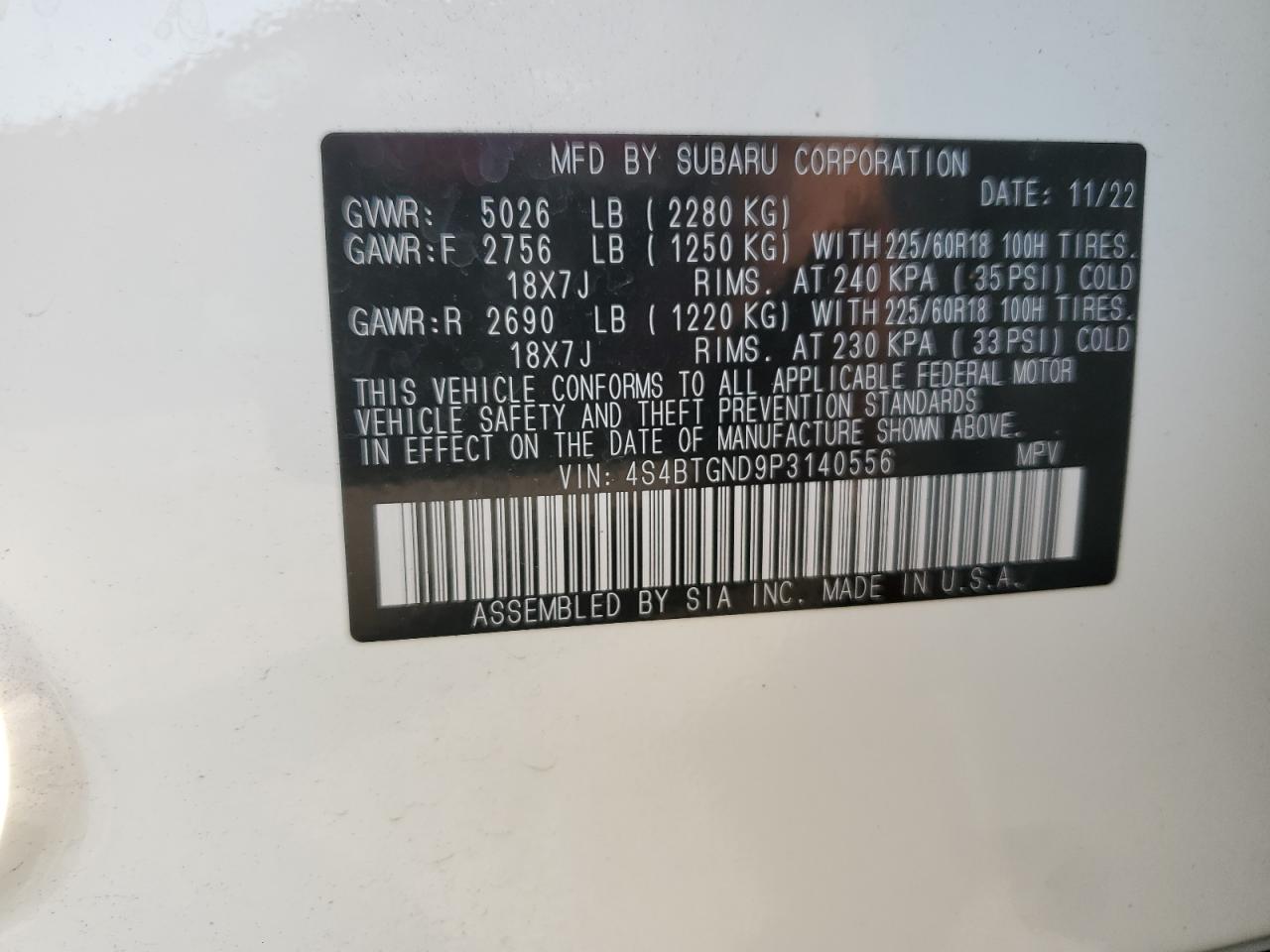 2023 SUBARU OUTBACK LIMITED XT VIN:4S4BTGND9P3140556