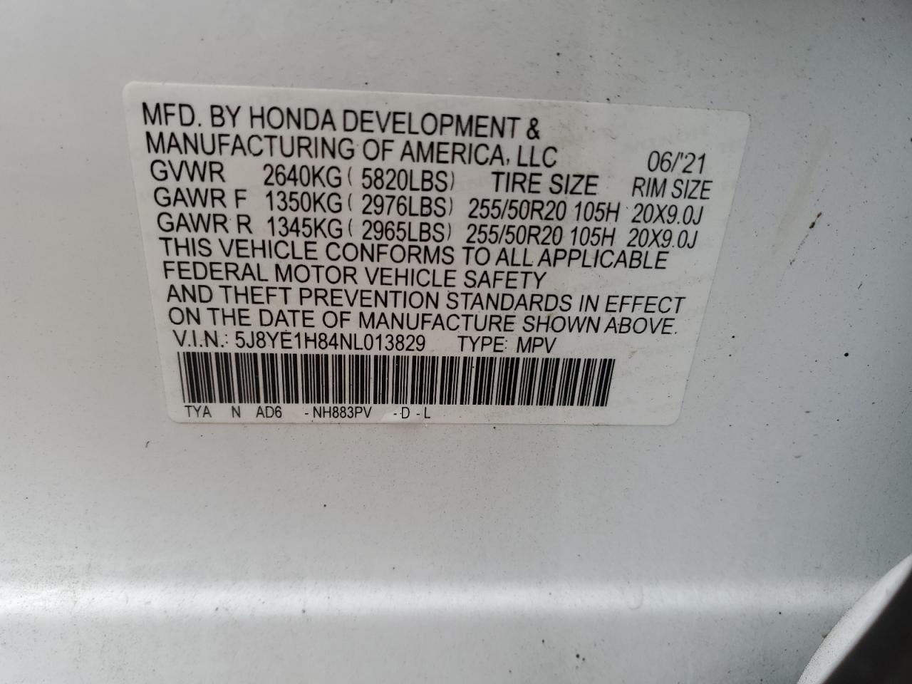 2022 ACURA MDX ADVANCE VIN:5J8YE1H84NL013829