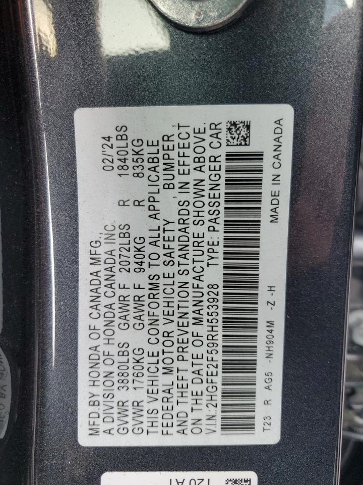 2024 HONDA CIVIC SPORT VIN:2HGFE2F59RH553928