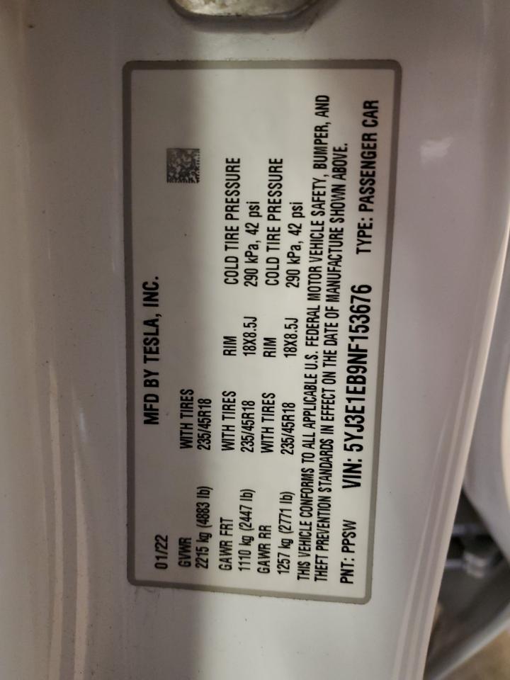 2022 TESLA MODEL 3  VIN:5YJ3E1EB9NF153676