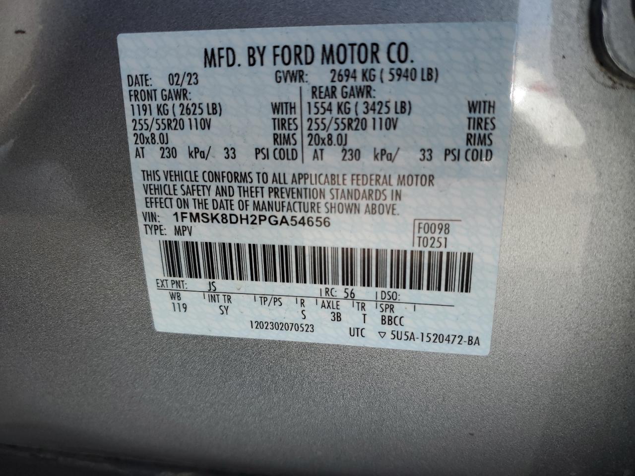 2023 FORD EXPLORER XLT VIN:1FMSK8DH2PGA54656