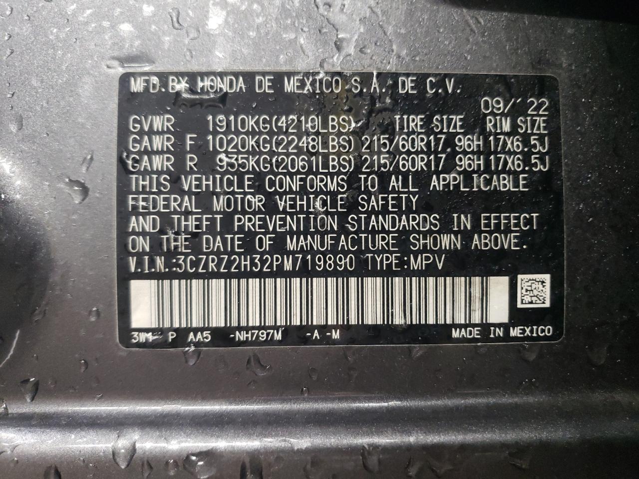 2023 HONDA HR-V LX VIN:3CZRZ2H32PM719890