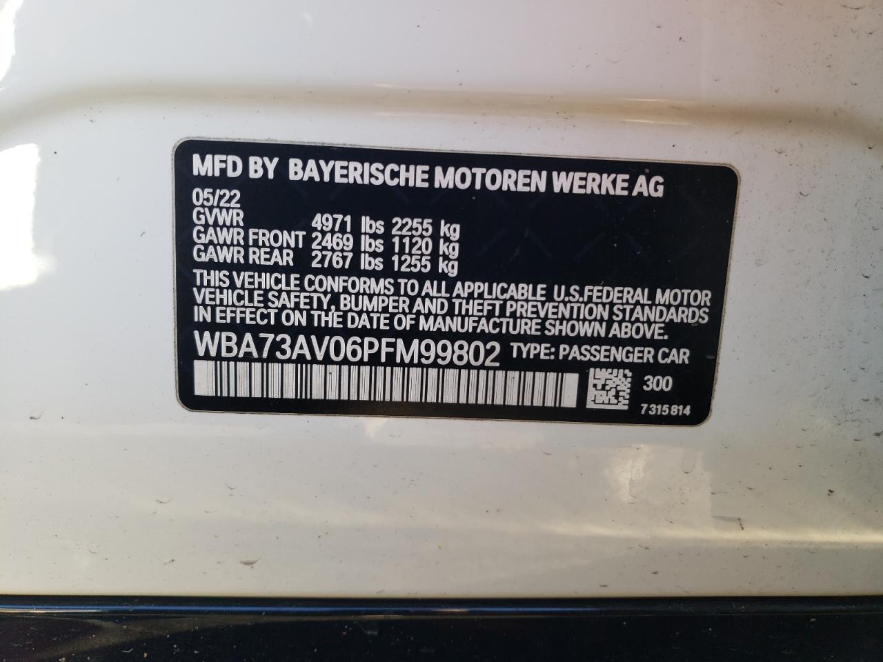 2023 BMW 430XI GRAN COUPE VIN:WBA73AV06PFM99802