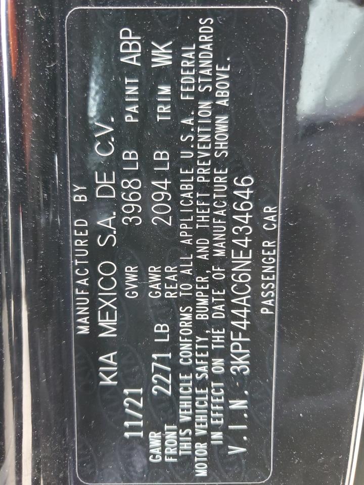 2022 KIA FORTE GT VIN:3KPF44AC6NE434646