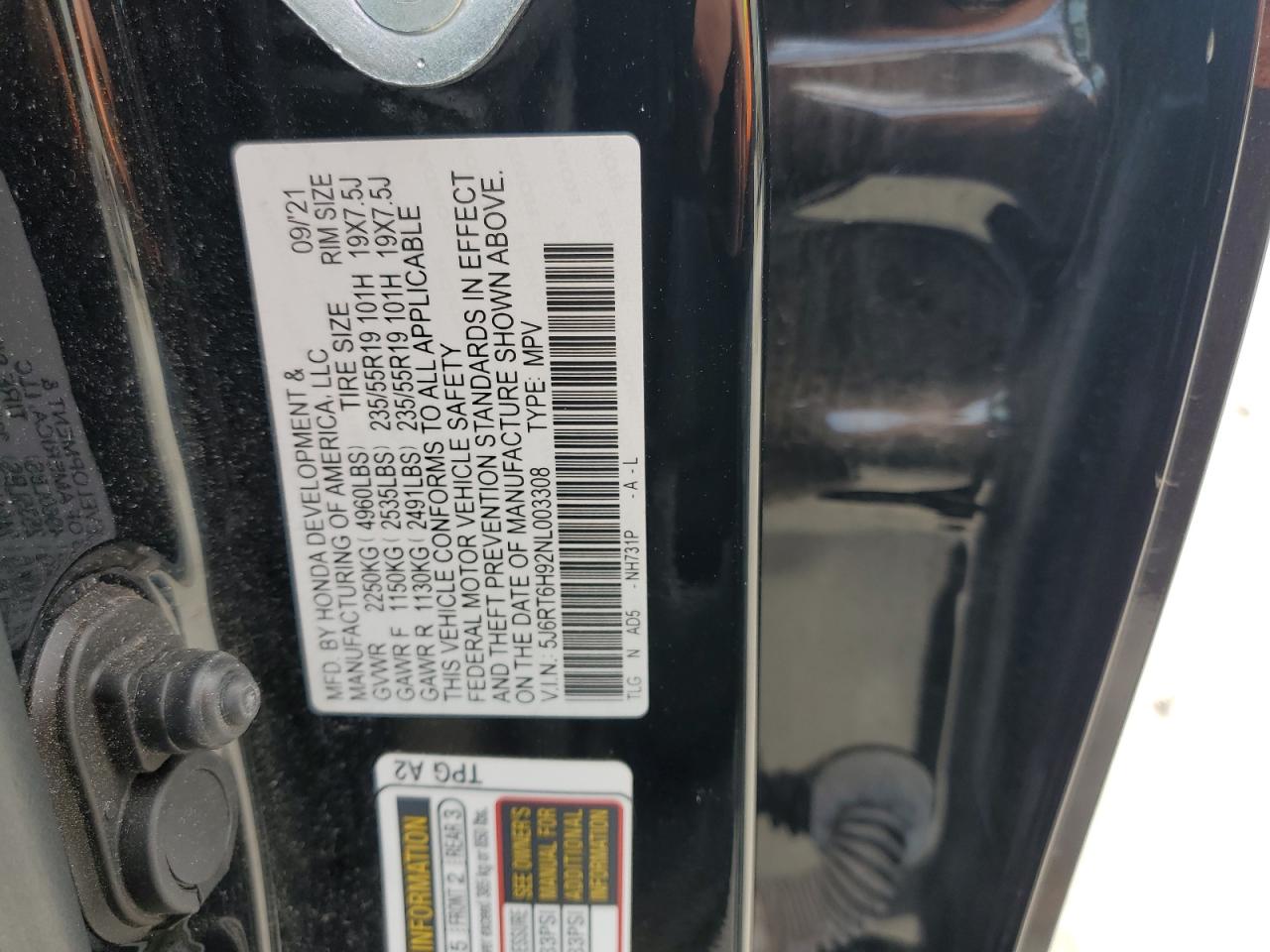 2022 HONDA CR-V TOURING VIN:5J6RT6H92NL003308