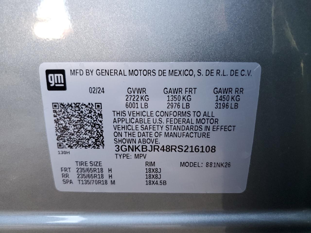 2024 CHEVROLET BLAZER 3LT VIN:3GNKBJR48RS216108