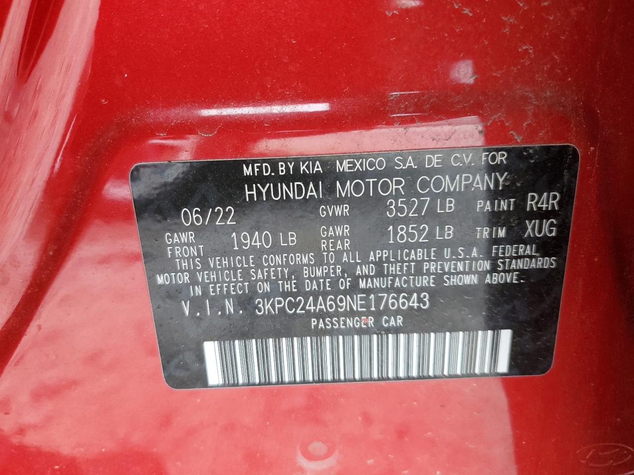 2022 HYUNDAI ACCENT SE VIN:3KPC24A69NE176643