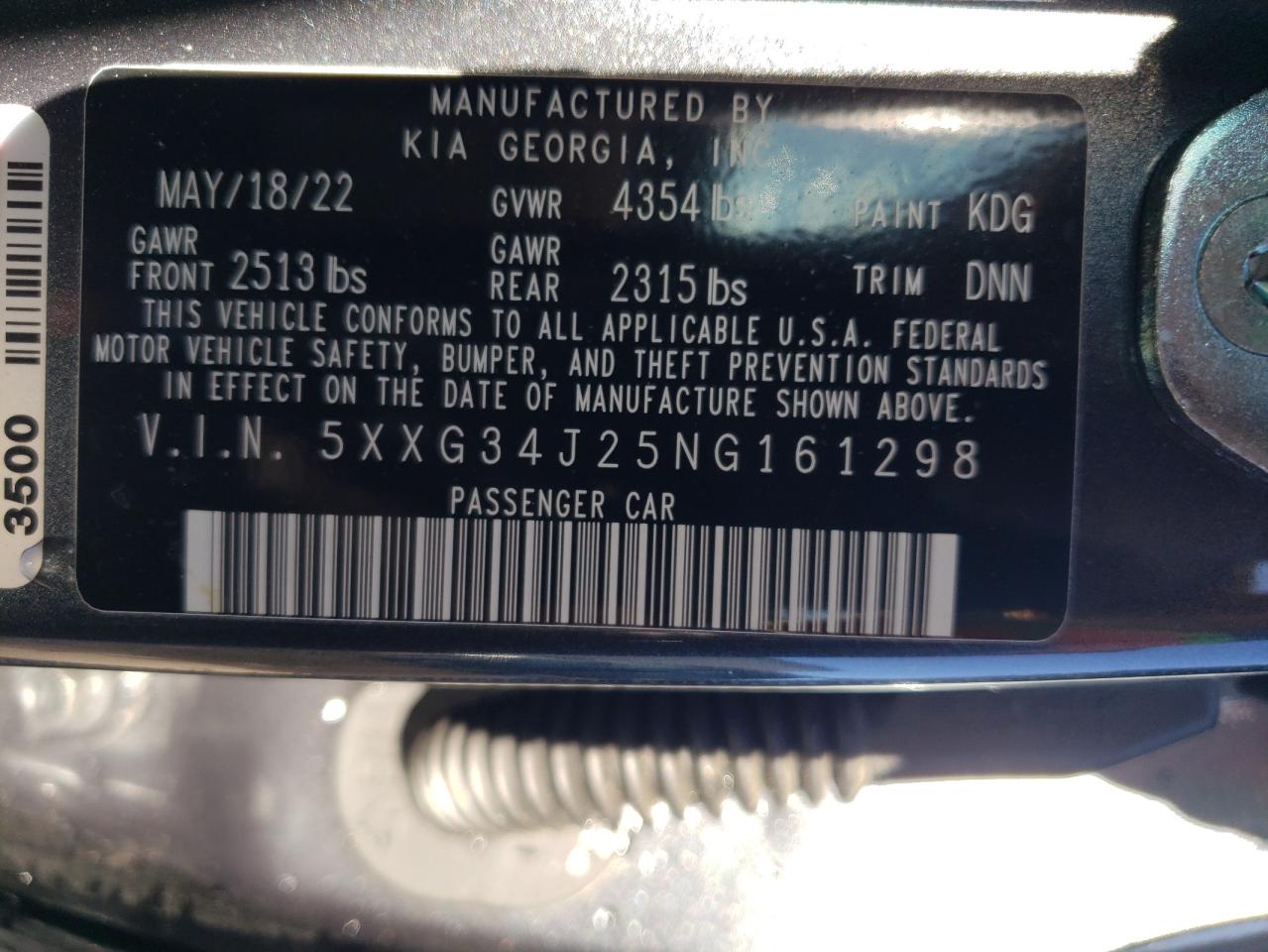 2022 KIA K5 EX VIN:5XXG34J25NG161298