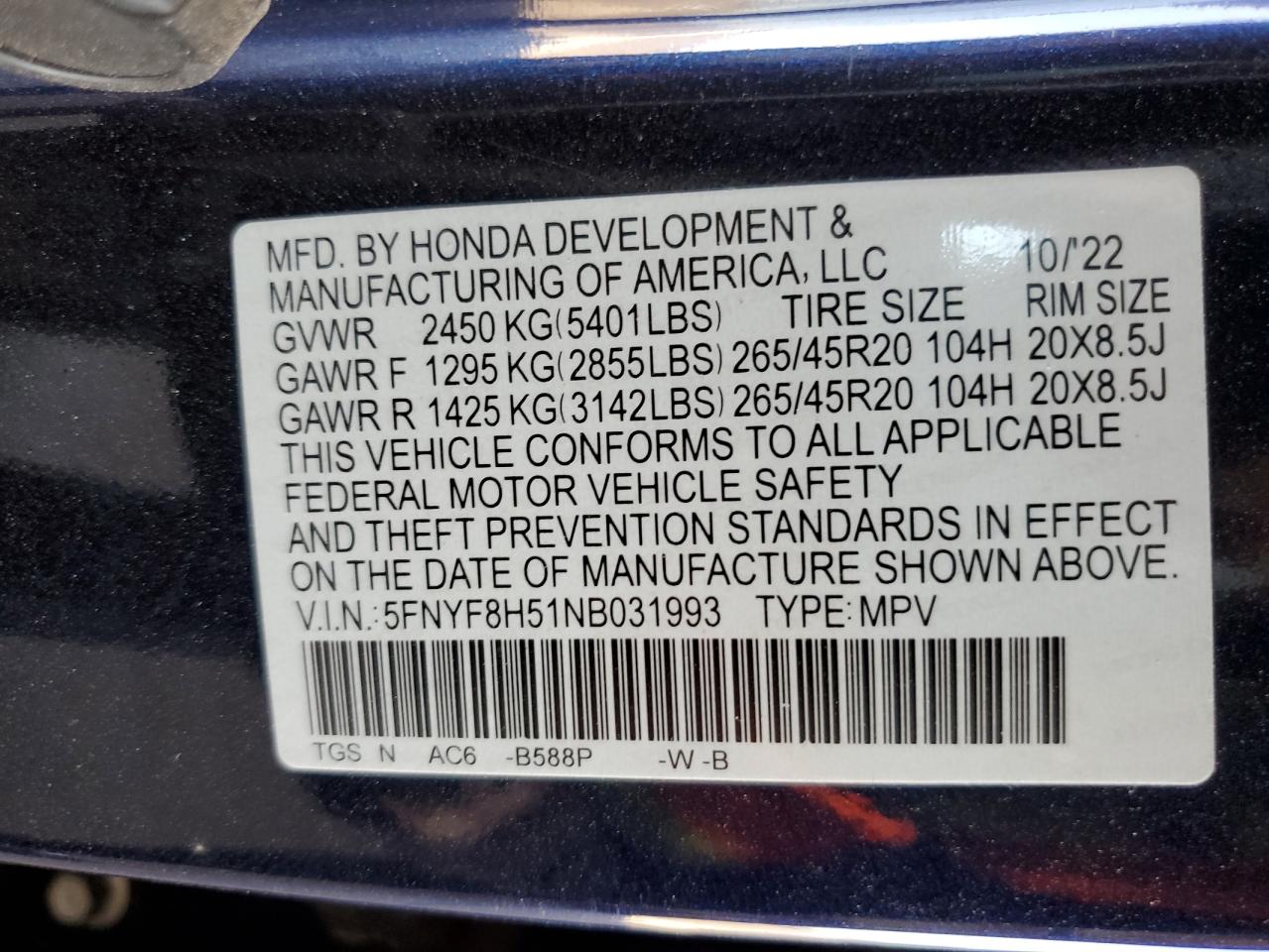 2022 HONDA PASSPORT EXL VIN:5FNYF8H51NB031993