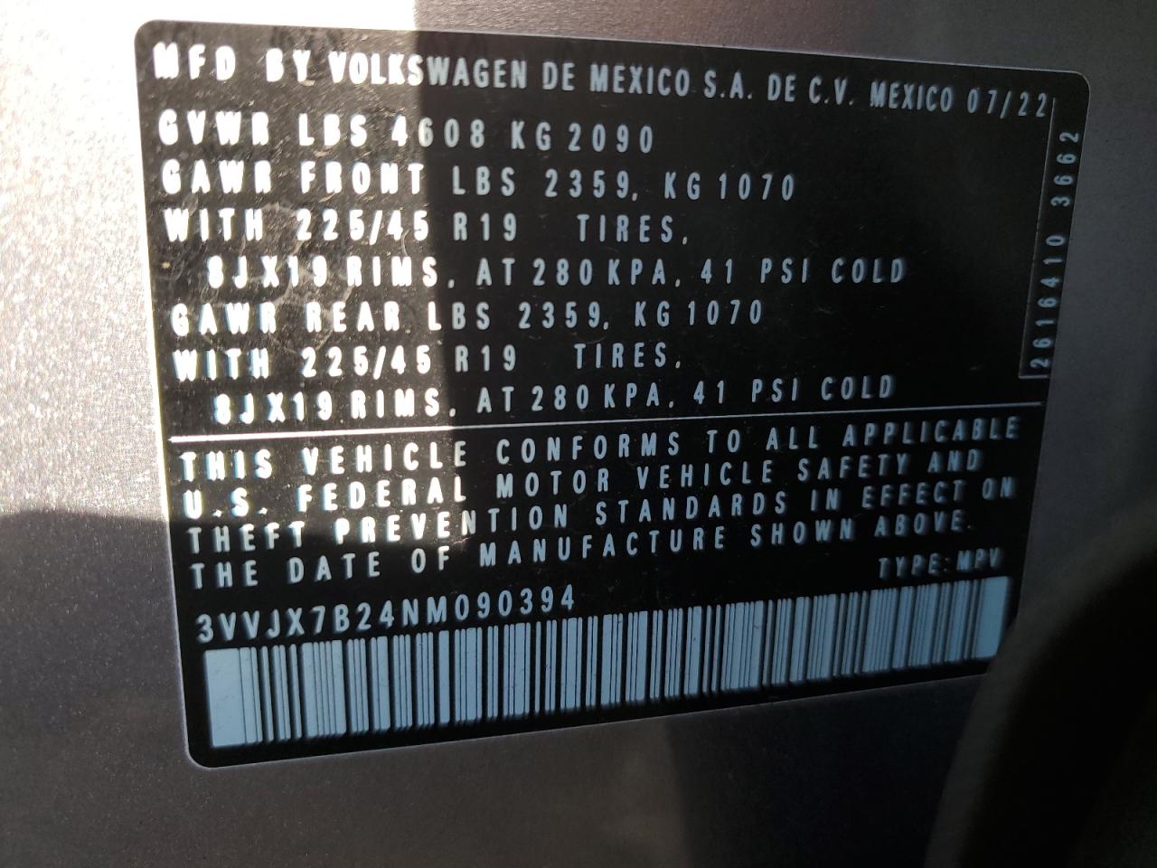 2022 VOLKSWAGEN TAOS SEL VIN:3VVJX7B24NM090394