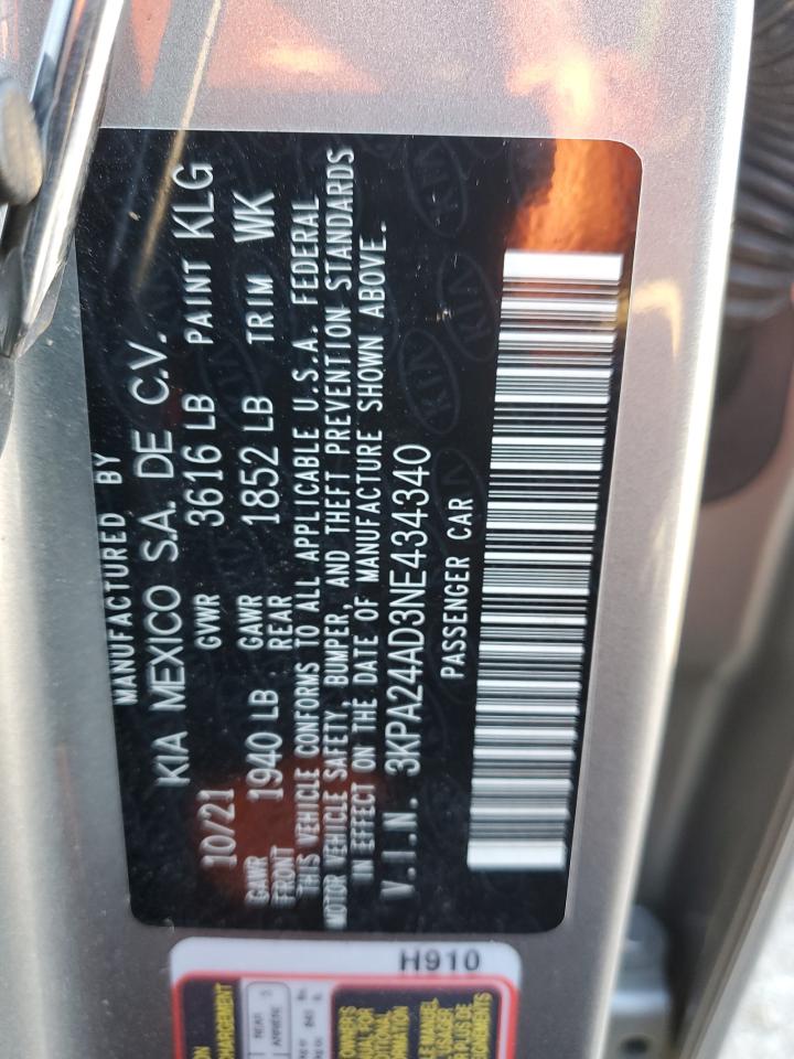 2022 KIA RIO LX VIN:3KPA24AD3NE434340